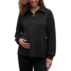 Bhome 여성용 임산부 스웨트셔츠 하프 지퍼 드로스트링 허리 긴소매 사이드 슬릿 루즈핏 풀오버 탑 핑크 S, XL, 블랙