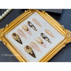 Whisper Nails 穿戴甲 美甲片 指甲片 純手工 落花有夢 玫瑰金蕾絲 寶石花影 高級法式, 1個, XS