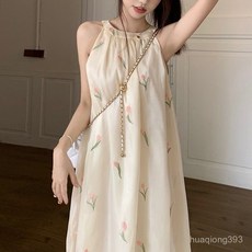 Yellwell여성 여름 민소매 플로럴 자수 실크 롱 원피스 드레스LST