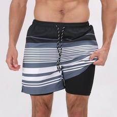 男士游泳沙灘褲 寬鬆雙層防走光短褲, 27#灰色條紋,L 建議150-160斤