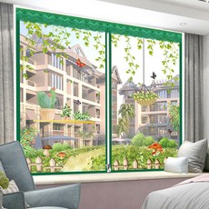 新款防風保暖窗簾 隔音降噪 加厚遮光布, 拉鏈 印花全透明綠莊園+魔術貼,寬150*高100
