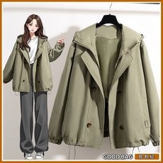 臺灣出貨 工裝風綠色連帽正肩風衣外套女2025春秋季大碼胖mm短款衝鋒衣夾克