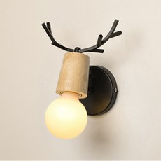 鹿角壁燈 麋鹿壁燈 羊角壁燈 12公分底盤 實木壁燈 (台灣現貨), 黑色,G80 9W龍珠燈泡(自然光)
