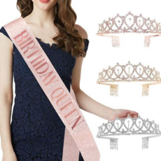 생일 어깨띠 블링블링 반짝이 소품 파티 어깨띠 티아라 머리띠 장식 용품 공주 왕관 실버 성인