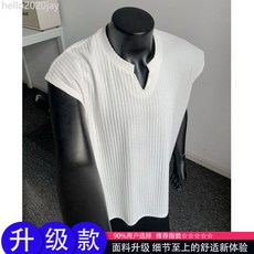 白色條紋坎肩背心男款夏季美式無袖v領t卹肌理感健身運動針織汗衫