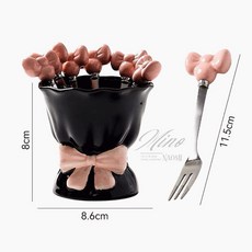 蝴蝶結捧花陶瓷收納杯 可愛不鏽鋼水果叉組 (精緻餐具 浪漫設計 不鏽鋼叉), 1個, 黑捧花