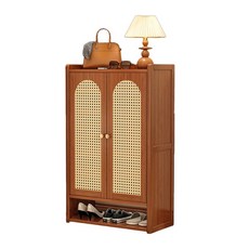 臺灣發貨 楠竹藤編門鞋櫃 鞋柜 加厚板材 大碼鞋收納 透氣玄關鞋櫃 組裝簡單 大容量鞋收納 防霉收納櫃 防潮孔洞透氣鞋櫃, 2門8層（約放26雙鞋）, 茶色, 8層