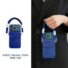 AIYOUSI ORIGINAL STUDIO 手機殼 蘋果復古撞色深藍卡包手提繩 iPhone 14 / 15 Pro Max 斜挎創意手機殼