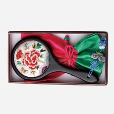 자수 주머니 거울 연분홍 손잡이 손거울 전통 자수 공예 휴대용 화장 거울 여성 선물, 포장없음