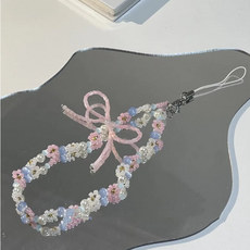 메리 비즈 리본 폰줄 휴대폰스트랩 키링 키치 비즈키링 가방고리 핸드폰줄 폰스트랩 귀여운 파스텔 선물, 믹스, 1개