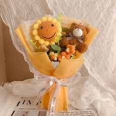 手工編織仿真花畢業小熊公仔向日葵針織花束, 笑臉向日葵+小熊黃色:如圖所示