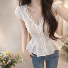 DUOMIHAN여성 블라우스 브이넥 버튼 반팔 핀턱 플리츠WZS60318