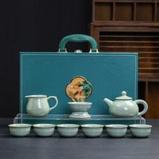 DIU 功夫茶具套裝茶壺家用整套開片商務禮品伴手禮禮盒裝, 1個, 仿古壺哥窯藍盒10頭:綠色