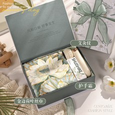 母親節禮物推薦：送長輩時尚絲巾禮盒，實用生日禮品，媽媽婆婆最愛, 金邊荷葉絲巾+艾灸儀+護手霜+禮盒, 1個