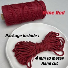 100% 천연 마크라메 코드 DIY 공예품 식물 행거 홈 데코 4mm 11 야드 컬러 코튼 로프 공예, 4mm 10meters, Wine Red, 1개