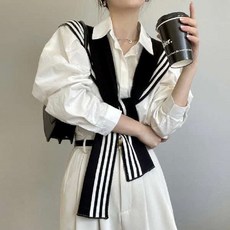 스트라이프 니트 케이프 가디건