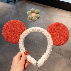 【】羊羔毛彩色髮箍少女可愛搞怪寬邊壓髮洗漱毛絨太陽花洗臉頭飾髮卡 QD7F, F021-4#橘耳朵綠花, 1個