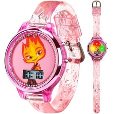 디즈니 엘리멘탈 엠버 루멘 시계 - LED 라이트쇼 기능이 있는 파이어리 핑크 LCD 디스플레이 방수 스페셜 에디션 선물 틴케이스 포함 Ember 모던