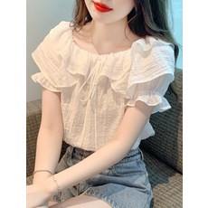 해피유통 여성 프릴넥 반팔 블라우스 셔링 리본 포인트 데일리 상의