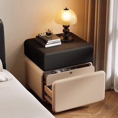 創意中古風臥室新款帶鎖簡約現代家用牀邊櫃小型牀頭收納櫃, 【升級隱藏三抽-指紋鎖款】黑色+卡其色:40x40x50cm