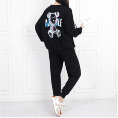 SOON2DLE 女款小熊圖案圓領刷絨T恤長褲套裝