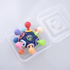 曼哈頓原子球 軟膠手指球玩具 可水煮 固齒器 寶寶磨牙 手抓 搖鈴 手抓球, 寶藍色【PP收納盒】, 1個