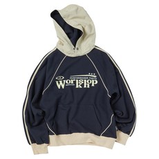 트래블 TRAVEL 워크샵 라인 래글런 나일론 믹스 후드티 네이비