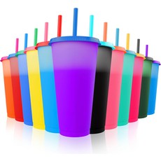 뚜껑과 빨대가 있는 색상 변경 컵 12개 24온스 - 뚜껑이 재사용 가능한 12가지 차가운 커피 스무디 등에 적합합니다.