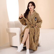 세로 스트라이프 커플 샤워가운 두꺼운 홈웨어 가을 겨울 허리끈 포함