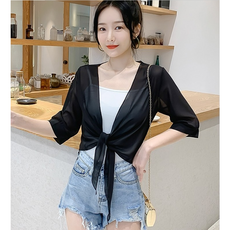 Beulraekboi (001138) V領夏季女款透視迷你Bolero衫 春夏秋季Bolero開襟衫