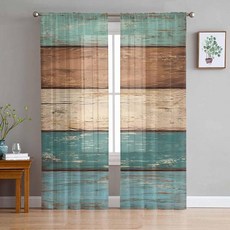 청록색 시어 커튼 182.9cm(72인치) 길이 2패널 세트 및 브라운 주방 봉 포켓 세미 드레이프 침실 거실용 보일 창문 처리 농가 목재 그레인 장식 125485