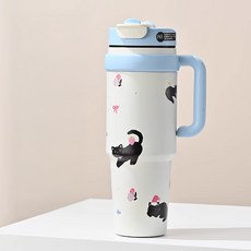 Tiger Pavilion 검은 고양이 디자인 입체 빨대 손잡이 텀블러, 1개, 1000ml, 화이트+블루