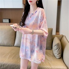 女夏季寬鬆冰絲短袖T恤 瑜伽罩衫 漸變印花速乾透氣上衣