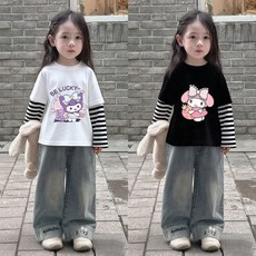 臺灣-出貨【秋冬款熱銷】女童T恤長袖純棉新款庫洛米洋氣2025寶寶卡通打底兒童假兩件上衣 CHMR