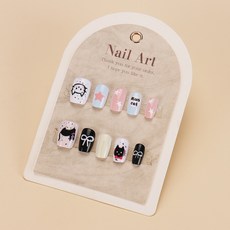 美甲貼片穿戴甲夏季甜酷風美甲片可拆卸貓咪星星蝴蝶結假指甲短款, 1個, BY1599手工甲XS碼#10片/盒:工具包款