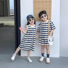 【洁白】夏季新款 韓版 姐弟套裝女童條紋無袖連衣裙洋氣男童短袖兩件套