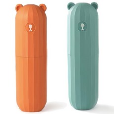 로앤제이 휴대용 여행용 곰돌이 칫솔통 양치컵 칫솔 치약 케이스 1+1, 1개, 오렌지+민트