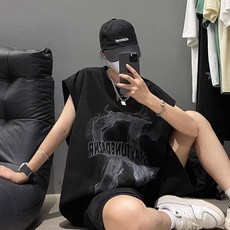 美式鹿皮絨印花背心 男款 寬鬆無袖T恤 夏季坎肩