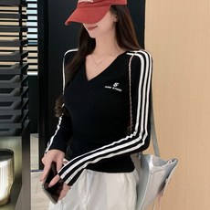후암마켓 여성 슬림 브이넥 스포티 트랙 라인 자수 긴팔티