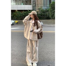 運動服套裝女春秋新款鹽系港風慵懶風寬鬆衛衣休閒工裝兩件套學生