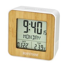 RHYTHM 麗聲 仿木紋方型液晶鬧鐘 雙鬧鈴 溫度顯示 日期星期顯示