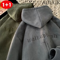 AOUGK 1+1 남성 두꺼운 후드 맨투맨 빅사이즈 롱 후드티 오버핏 긴팔 티셔츠 코트 데일리