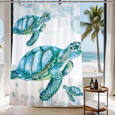 Final Friday 재미있는 바다 거북 샤워 커튼 바다 동물 만화 어린이 테마 천 욕실 장식 세트 후크 포함 방수 세탁 가능 너비 91.4cm x 높이 182.9cm 틸 퍼, 흰색 배경의 바다 거북