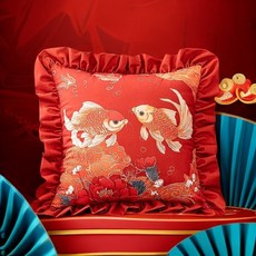 新春錦鯉抱枕套，雙面印花，新中式客廳臥室新年裝飾靠枕, 錦鯉抱枕-荷葉邊款,只有枕頭套 43*43cm