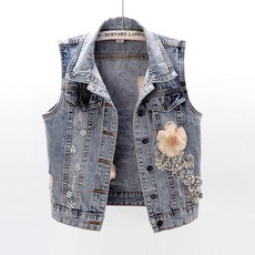 ROYALBELLE 여성 빈티지 데님 쇼트핏 플라워 비즈 아우터 카라넥 베스트 청 조끼 캐주얼룩 K062505