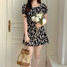 디에이치트레이딩 여름 원피스 쉬폰 셔링 미니 드레스 건조 모직 바디 얼음 에어 전문 퍼프 피팅 조절 꽃무늬