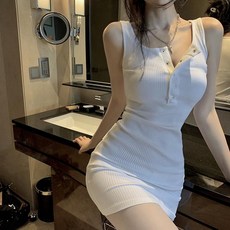 슬림 서스펜더 원피스 앞단추 스냅 바스트 미니 민소매, 화이트 1216 잎사귀