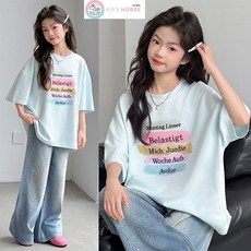 키즈목마 여아용 여름 캐주얼 스타일 레인보우 레터링 오버핏 반팔티셔츠 886