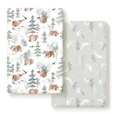 신축성 있는 울트라 소프트 저지 니트 매트리스 커버 팩 앤 플레이 시트 세트 2팩 여아용 휴대용/미니 아기 침대 시트 팩 앤 플레이용 범용 핏 안전하고 아늑함 귀여운 바, 곰과 늑대