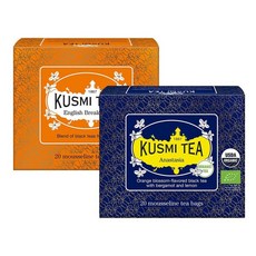 Kusmi Tea - 티백 2박스 팩 잉글리시 브렉퍼스트 + 아나스타샤 유기농 아시아 홍차 베르가못과 오렌지 블로썸이 함유된 혼합 얼 그레이 티 5.1x50.8cm(2x20인치, Kusmi Tea - 티백 2박스 팩 - 잉글리시 브렉